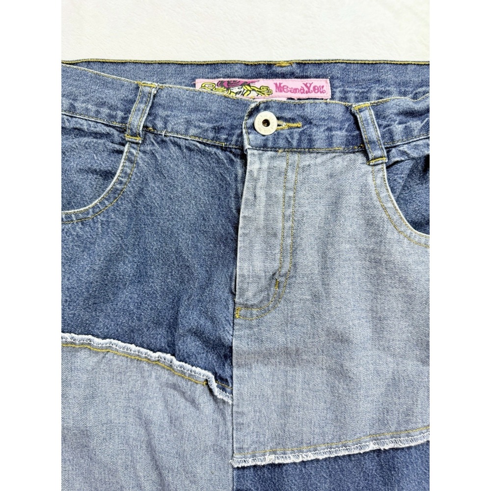 Me and You Vintage 90s Patchwork Denim Maxi Skirt L Boho Raw Hem Multi Wash Blue - Picture 3 of 6